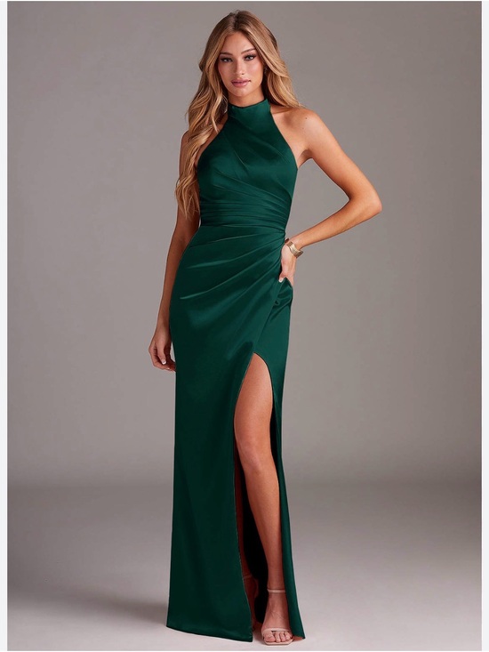 Azazie Dresses & Skirts - Azazie Women’s “Jenna” Emerald Sheath Pleated High-Neck Ruched Satin Dress